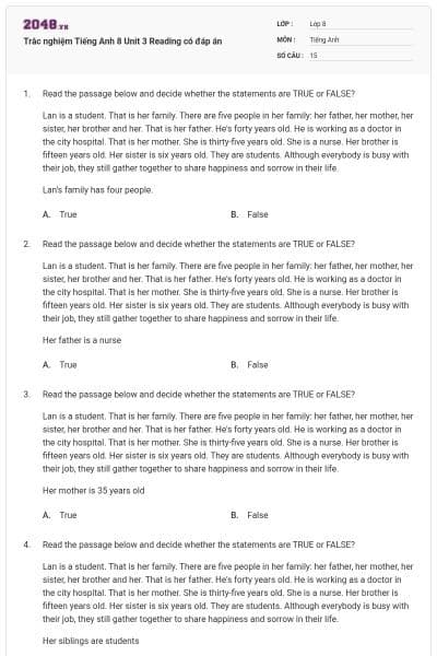 Trắc nghiệm Tiếng Anh 8 Unit 3 Reading có đáp án