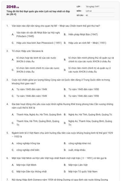 Tổng đề thi thử thpt quốc gia môn Lịch sử hay nhất có đáp án (đề 4)