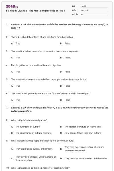 Bộ 3 đề thi Giữa kì 2 Tiếng Anh 12 Bright có đáp án - Đề 1