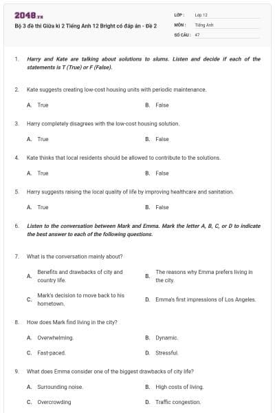 Bộ 3 đề thi Giữa kì 2 Tiếng Anh 12 Bright có đáp án - Đề 2