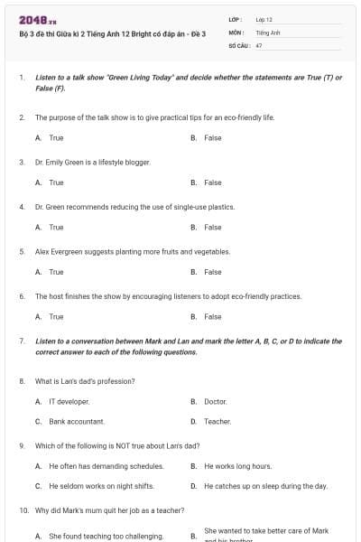 Bộ 3 đề thi Giữa kì 2 Tiếng Anh 12 Bright có đáp án - Đề 3