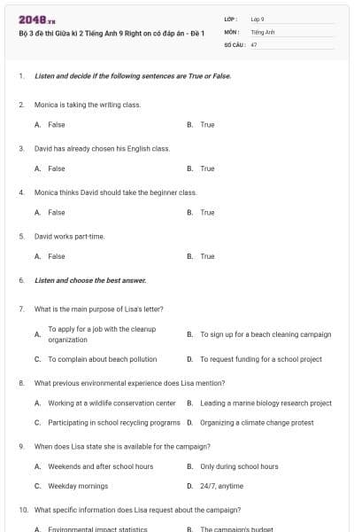 Bộ 3 đề thi Giữa kì 2 Tiếng Anh 9 Right on có đáp án - Đề 1