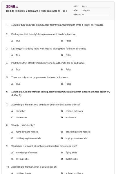 Bộ 3 đề thi Giữa kì 2 Tiếng Anh 9 Right on có đáp án - Đề 3
