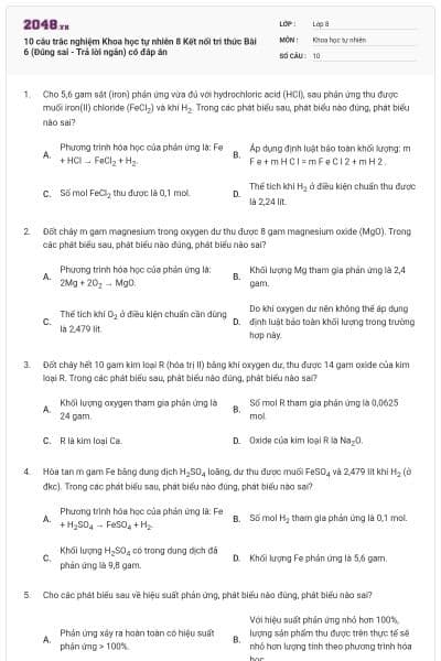 10 câu trắc nghiệm Khoa học tự nhiên 8 Kết nối tri thức Bài 6 (Đúng sai - Trả lời ngắn) có đáp án