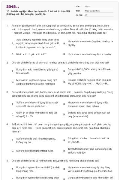 10 câu trắc nghiệm Khoa học tự nhiên 8 Kết nối tri thức Bài 8 (Đúng sai - Trả lời ngắn) có đáp án