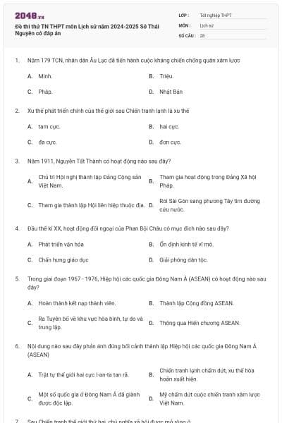 Đề thi thử TN THPT môn Lịch sử năm 2024-2025 Sở Thái Nguyên có đáp án