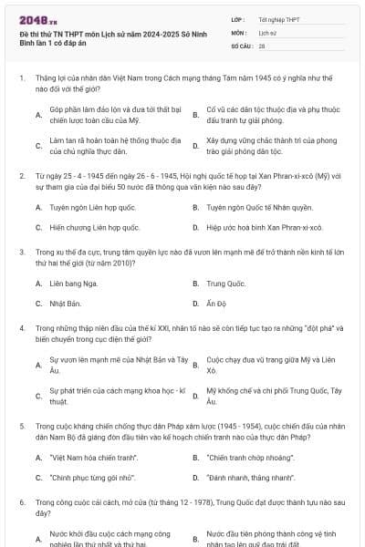 Đề thi thử TN THPT môn Lịch sử năm 2024-2025 Sở Ninh Bình lần 1 có đáp án