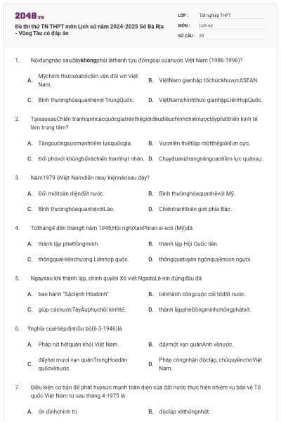 Đề thi thử TN THPT môn Lịch sử năm 2024-2025 Sở Bà Rịa - Vũng Tàu có đáp án