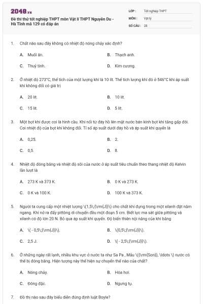 Đề thi thử tốt nghiệp THPT môn Vật lí THPT Nguyễn Du - Hà Tĩnh mã 129 có đáp án