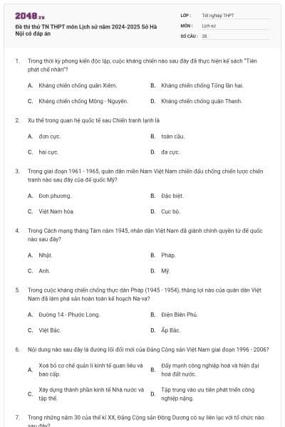 Đề thi thử TN THPT môn Lịch sử năm 2024-2025 Sở Hà Nội có đáp án