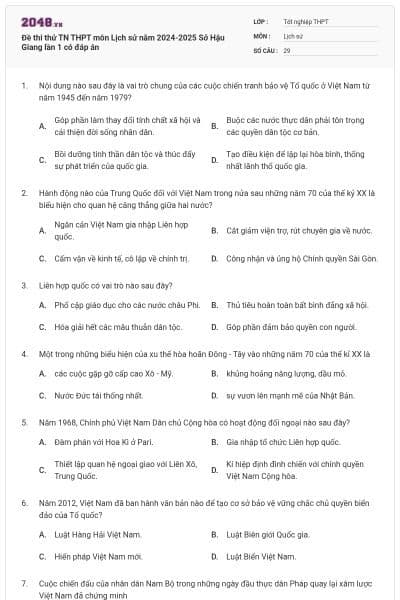 Đề thi thử TN THPT môn Lịch sử năm 2024-2025 Sở Hậu Giang lần 1 có đáp án