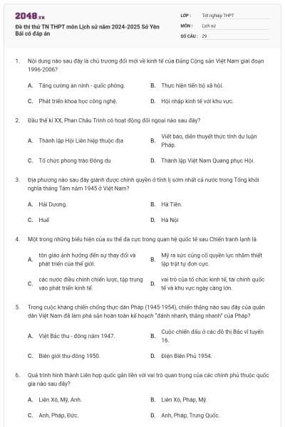 Đề thi thử TN THPT môn Lịch sử năm 2024-2025 Sở Yên Bái có đáp án