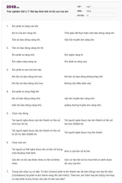 Trắc nghiệm Vật Lí 7: Bài tập định tính về độ cao của âm