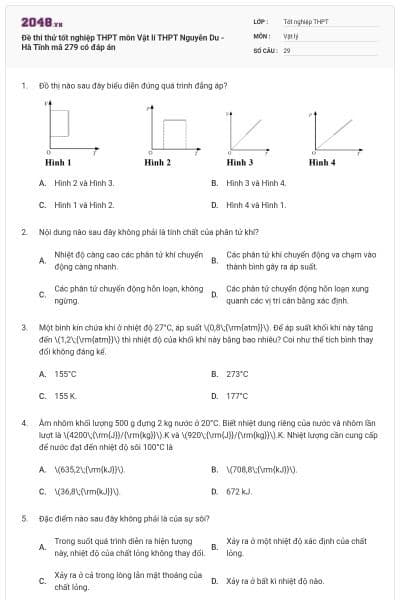 Đề thi thử tốt nghiệp THPT môn Vật lí THPT Nguyễn Du - Hà Tĩnh mã 279 có đáp án