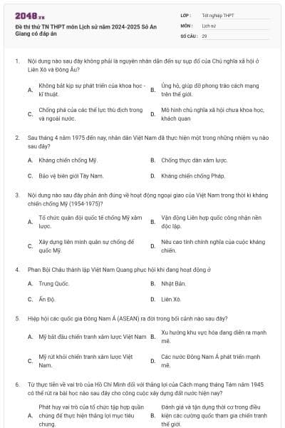 Đề thi thử TN THPT môn Lịch sử năm 2024-2025 Sở An Giang có đáp án