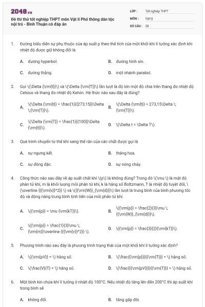 Đề thi thử tốt nghiệp THPT môn Vật lí Phổ thông dân tộc nội trú - Bình Thuận có đáp án