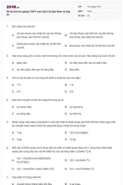 Đề thi thử tốt nghiệp THPT môn Vật lí Sở Bắc Ninh có đáp án