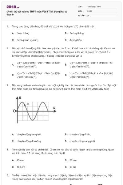 Đề thi thử tốt nghiệp THPT môn Vật lí Tỉnh Đồng Nai có đáp án