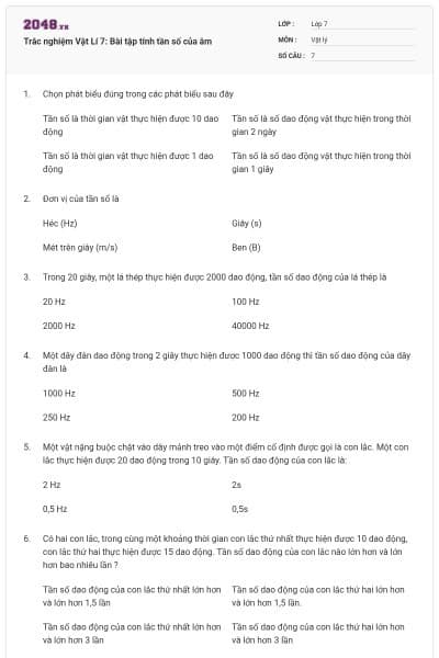 Trắc nghiệm Vật Lí 7: Bài tập tính tần số của âm