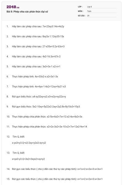 Bài 8: Phép chia các phân thức đại số