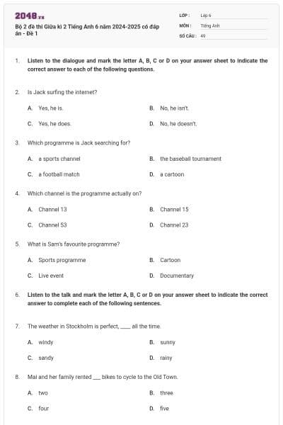 Bộ 2 đề thi Giữa kì 2 Tiếng Anh 6 năm 2024-2025 có đáp án - Đề 1