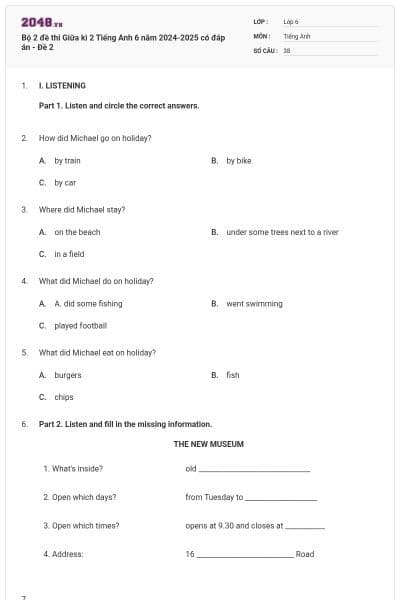 Bộ 2 đề thi Giữa kì 2 Tiếng Anh 6 năm 2024-2025 có đáp án - Đề 2