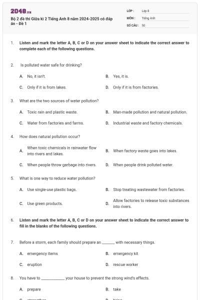 Bộ 2 đề thi Giữa kì 2 Tiếng Anh 8 năm 2024-2025 có đáp án - Đề 1