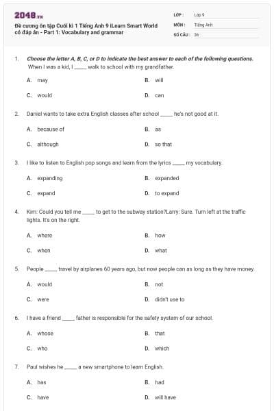 Đề cương ôn tập Cuối kì 1 Tiếng Anh 9 iLearn Smart World có đáp án - Part 1: Vocabulary and grammar