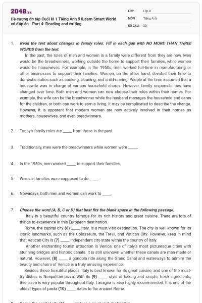 Đề cương ôn tập Cuối kì 1 Tiếng Anh 9 iLearn Smart World có đáp án - Part 4: Reading and writing