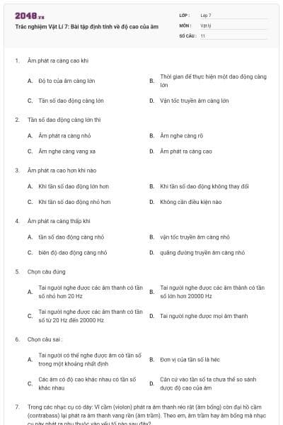 Trắc nghiệm Vật Lí 7: Bài tập định tính về độ cao của âm