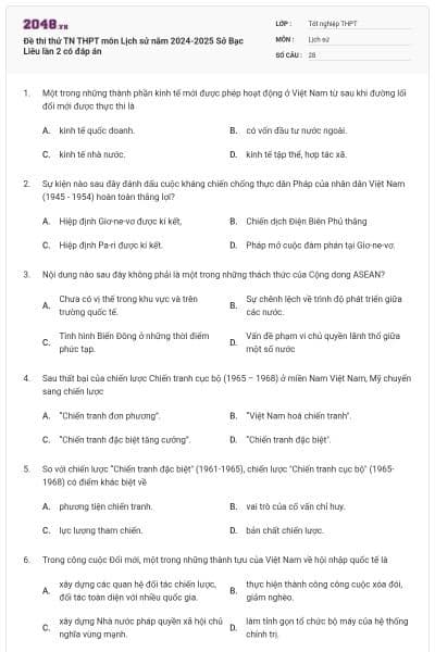 Đề thi thử TN THPT môn Lịch sử năm 2024-2025 Sở Bạc Liêu lần 2 có đáp án