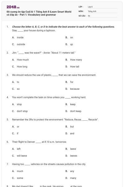 Đề cương ôn tập Cuối kì 1 Tiếng Anh 8 iLearn Smart World có đáp án -  Part 1: Vocabulary and grammar