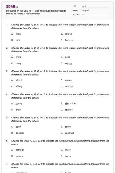 Đề cương ôn tập Cuối kì 1 Tiếng Anh 8 iLearn Smart World có đáp án - Part 2: Pronunciation