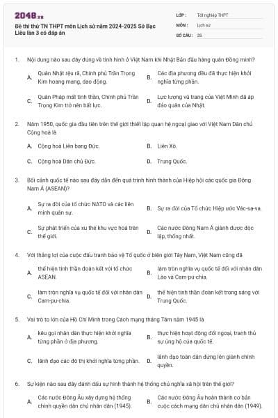 Đề thi thử TN THPT môn Lịch sử năm 2024-2025 Sở Bạc Liêu lần 3 có đáp án