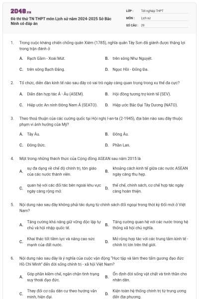 Đề thi thử TN THPT môn Lịch sử năm 2024-2025 Sở Bắc Ninh có đáp án