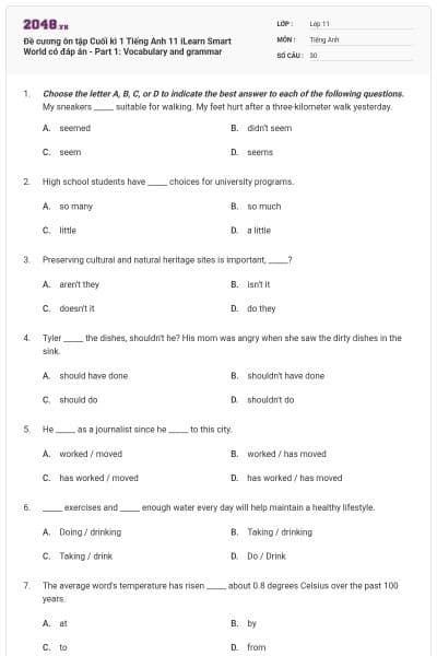 Đề cương ôn tập Cuối kì 1 Tiếng Anh 11 iLearn Smart World có đáp án - Part 1: Vocabulary and grammar