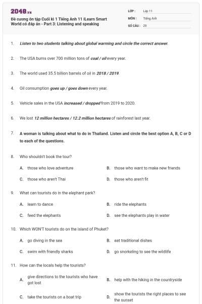 Đề cương ôn tập Cuối kì 1 Tiếng Anh 11 iLearn Smart World có đáp án - Part 3: Listening and speaking