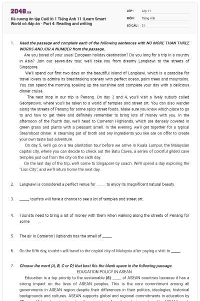 Đề cương ôn tập Cuối kì 1 Tiếng Anh 11 iLearn Smart World có đáp án - Part 4: Reading and writing