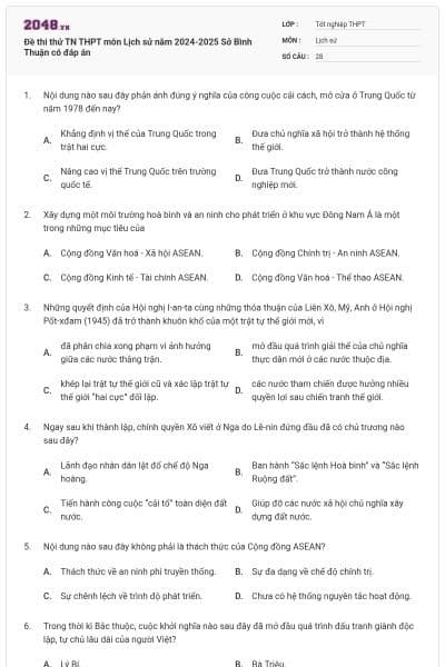 Đề thi thử TN THPT môn Lịch sử năm 2024-2025 Sở Bình Thuận có đáp án