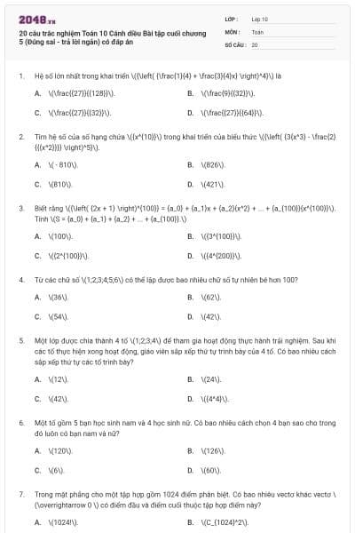 20 câu trắc nghiệm Toán 10 Cánh diều Bài tập cuối chương 5 (Đúng sai - trả lời ngắn) có đáp án