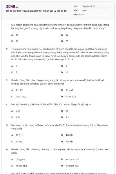 Đề thi thử THPT Quốc Gia năm 2019 môn Vật Lý (Đề số 18)