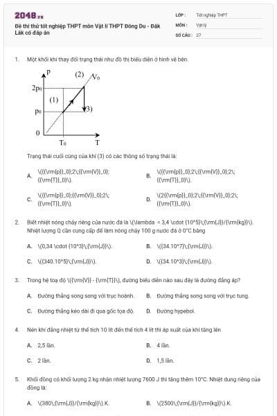 Đề thi thử tốt nghiệp THPT môn Vật lí THPT Đông Du - Đắk Lắk có đáp án
