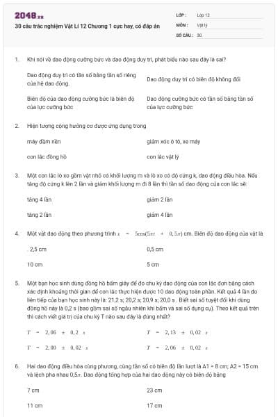 30 câu trắc nghiệm Vật Lí 12 Chương 1 cực hay, có đáp án