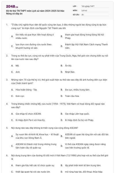 Đề thi thử TN THPT môn Lịch sử năm 2024-2025 Sở Đắc Nông có đáp án