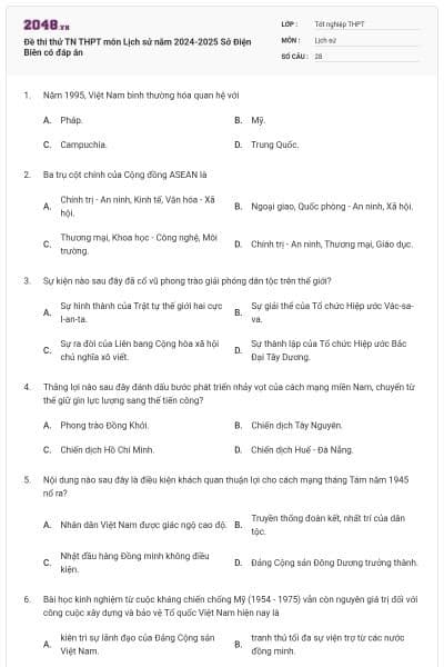 Đề thi thử TN THPT môn Lịch sử năm 2024-2025 Sở Điện Biên có đáp án