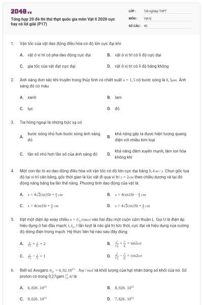 Tổng hợp 20 đề thi thử thpt quốc gia môn Vật lí 2020 cực hay có lời giải (P17)