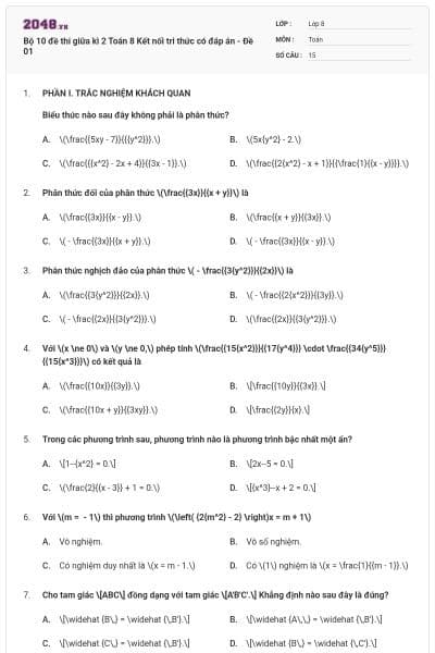 Bộ 10 đề thi giữa kì 2 Toán 8 Kết nối tri thức có đáp án - Đề 01