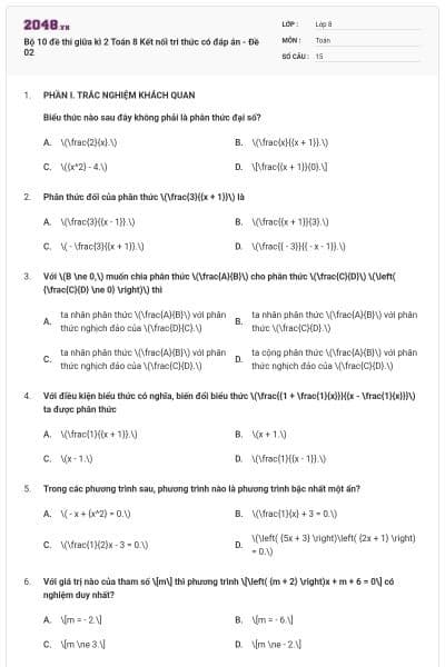 Bộ 10 đề thi giữa kì 2 Toán 8 Kết nối tri thức có đáp án - Đề 02