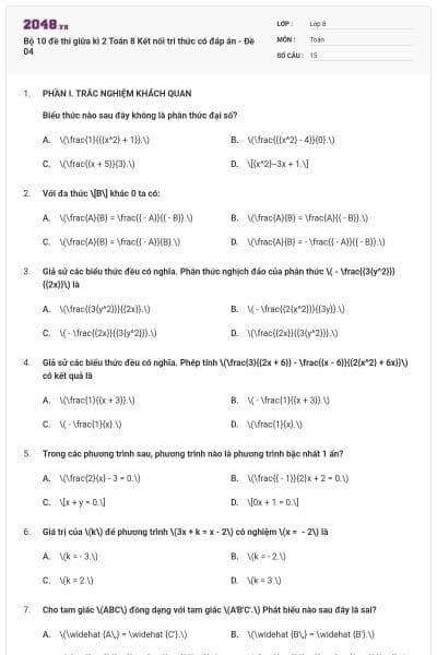 Bộ 10 đề thi giữa kì 2 Toán 8 Kết nối tri thức có đáp án - Đề 04