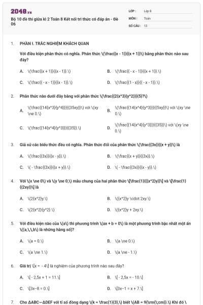 Bộ 10 đề thi giữa kì 2 Toán 8 Kết nối tri thức có đáp án - Đề 06
